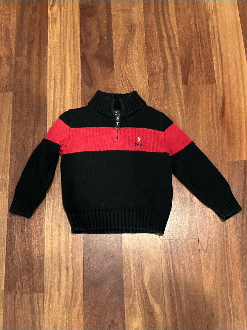 Kids Polo by Ralph Lauren Black Knit Zip Sweater with Red Chest Stripe